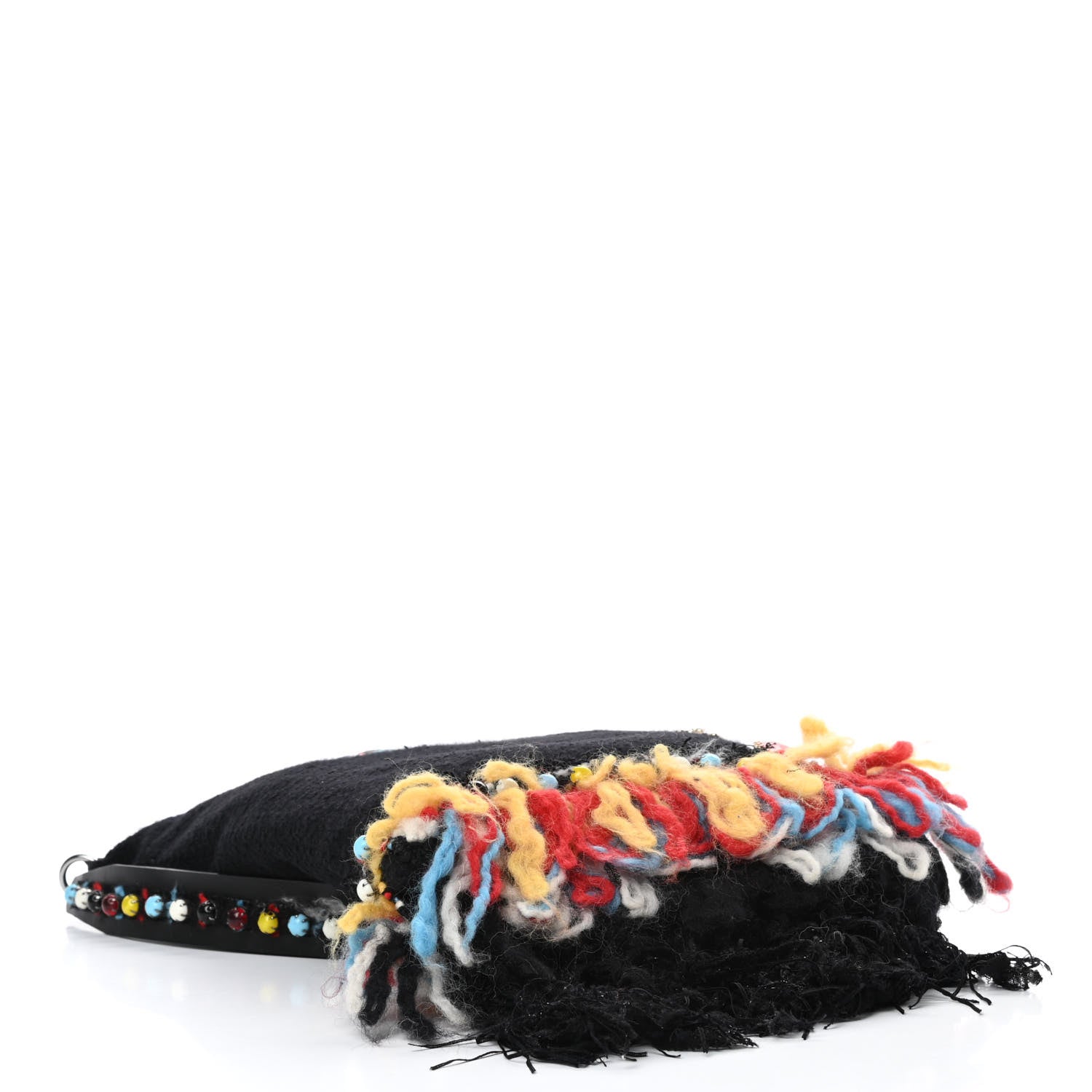 Chanel Wool Brooch Embellished Small Fringe Tote Black 4 of 12