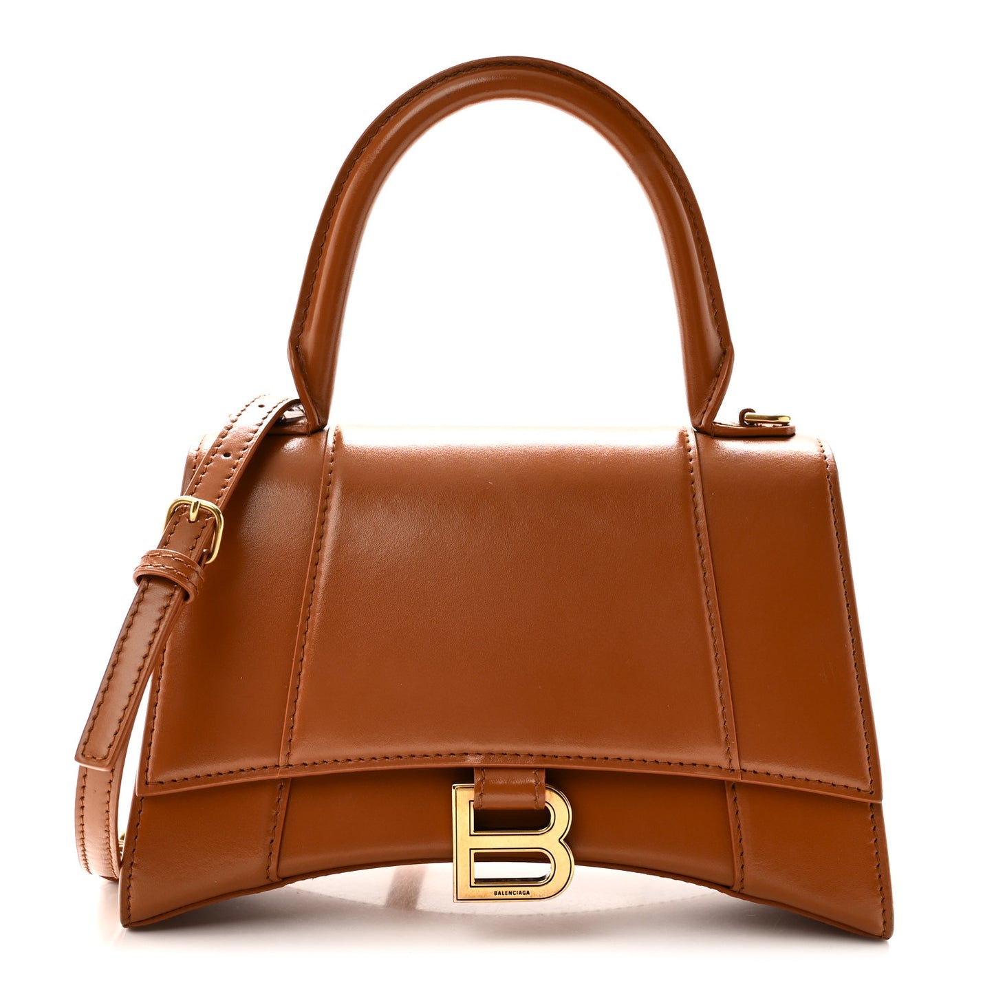 Shiny Box Calfskin Small Hourglass Top Handle Bag Camel