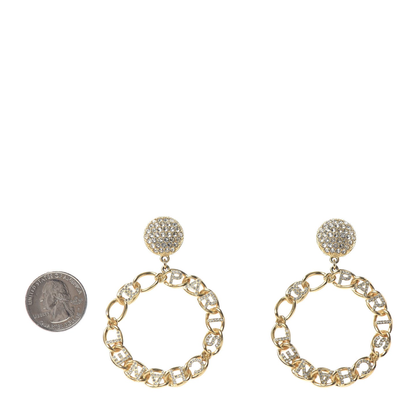 Metal Crystal CC Paris Chain Link Hoop Earrings Gold