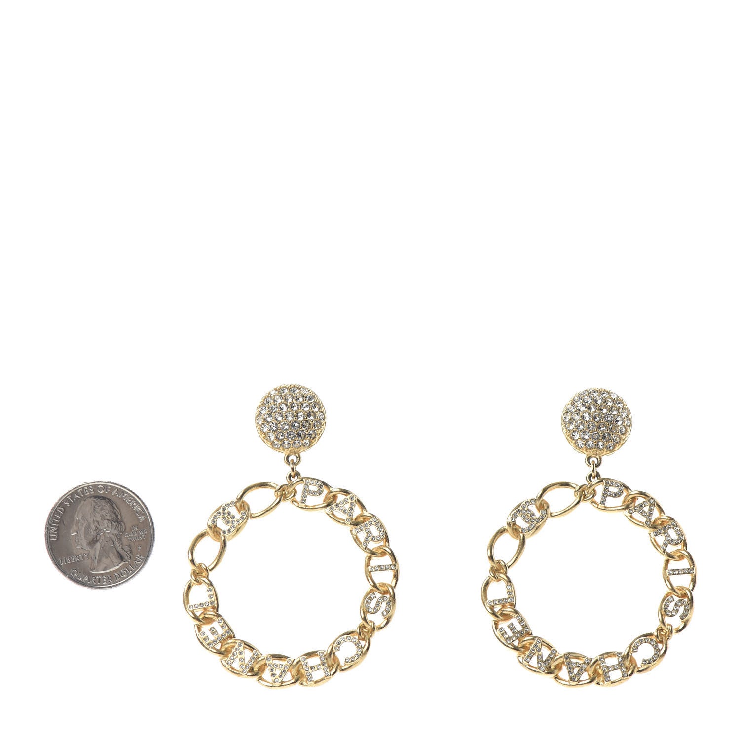 Chanel Metal Crystal CC Paris Chain Link Hoop Earrings Gold 2 of 4