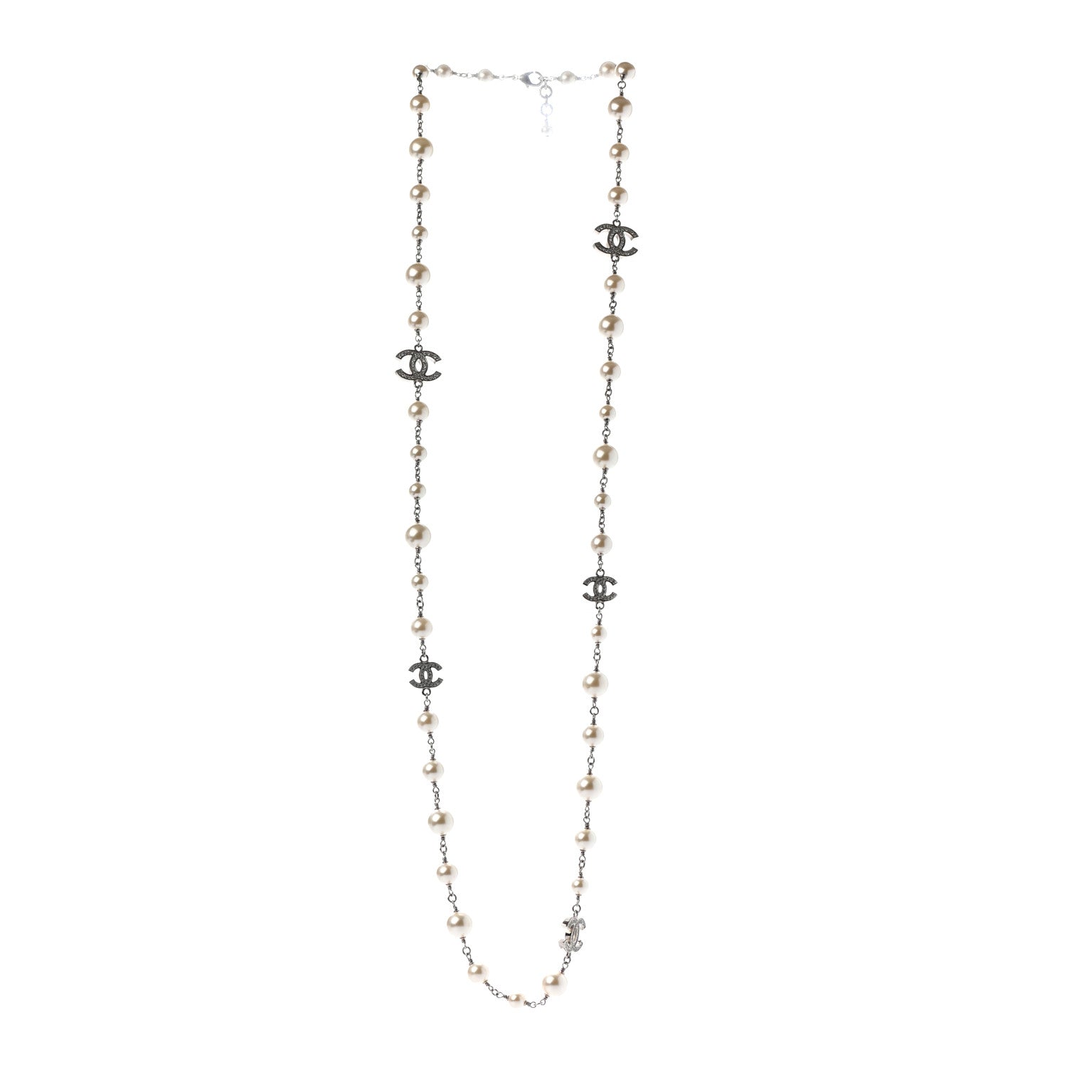 Chanel Crystal Pearl CC Long Necklace Silver 3 of 5
