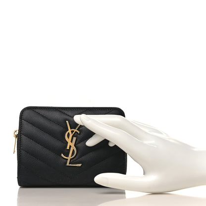 Saint Laurent Grain De Poudre Matelasse Chevron Monogram Compact Zip Around Wallet Black 2 of 7