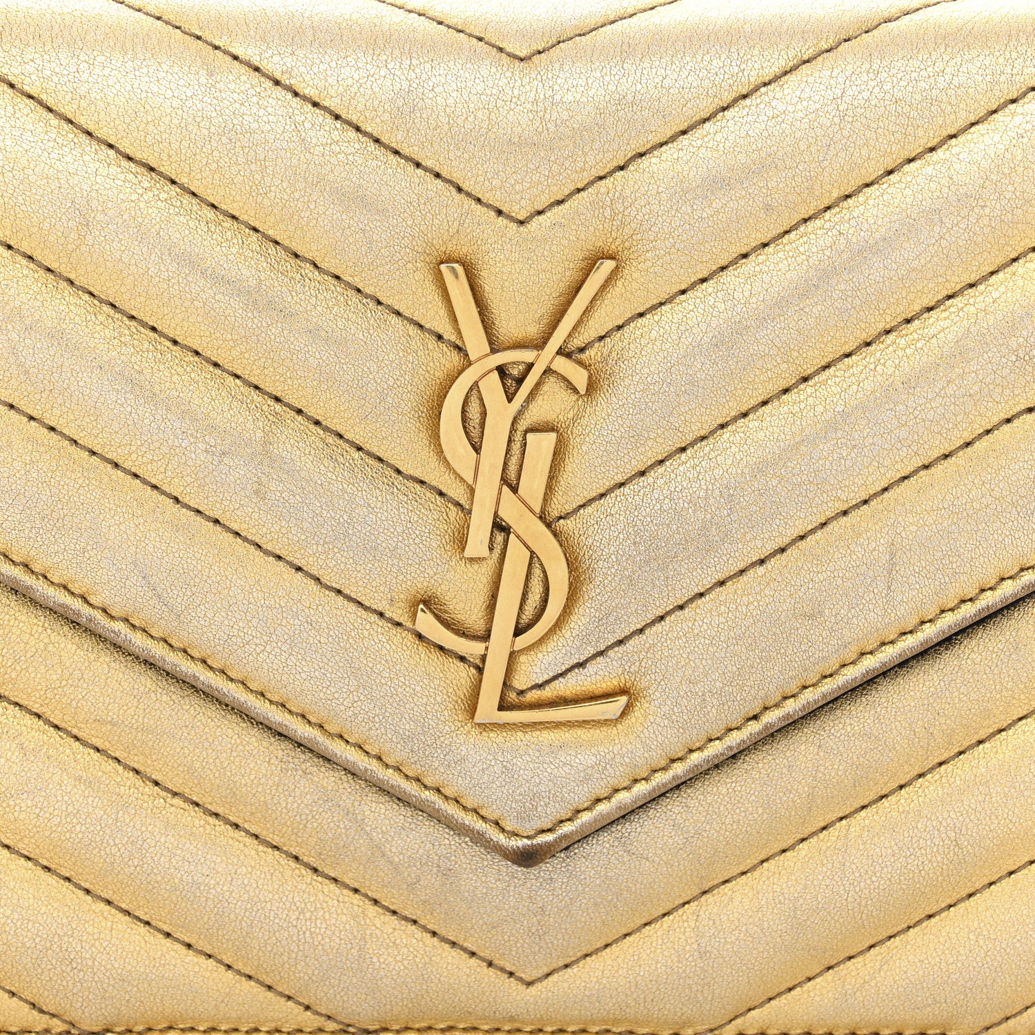 Saint Laurent Metallic Calfskin Matelasse Chevron Monogram Envelope Chain Wallet Antic Gold 9 of 14