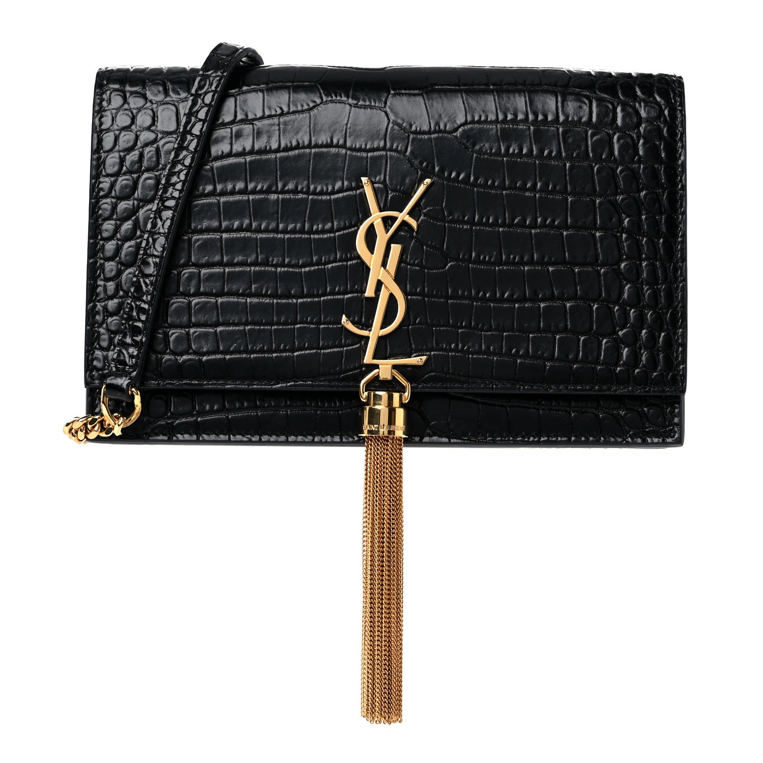 Saint Laurent Calfskin Crocodile Embossed Kate Monogram Tassel Chain Wallet Black 1 of 11