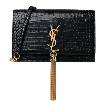 Saint Laurent Calfskin Crocodile Embossed Kate Monogram Tassel Chain Wallet Black 1 of 11