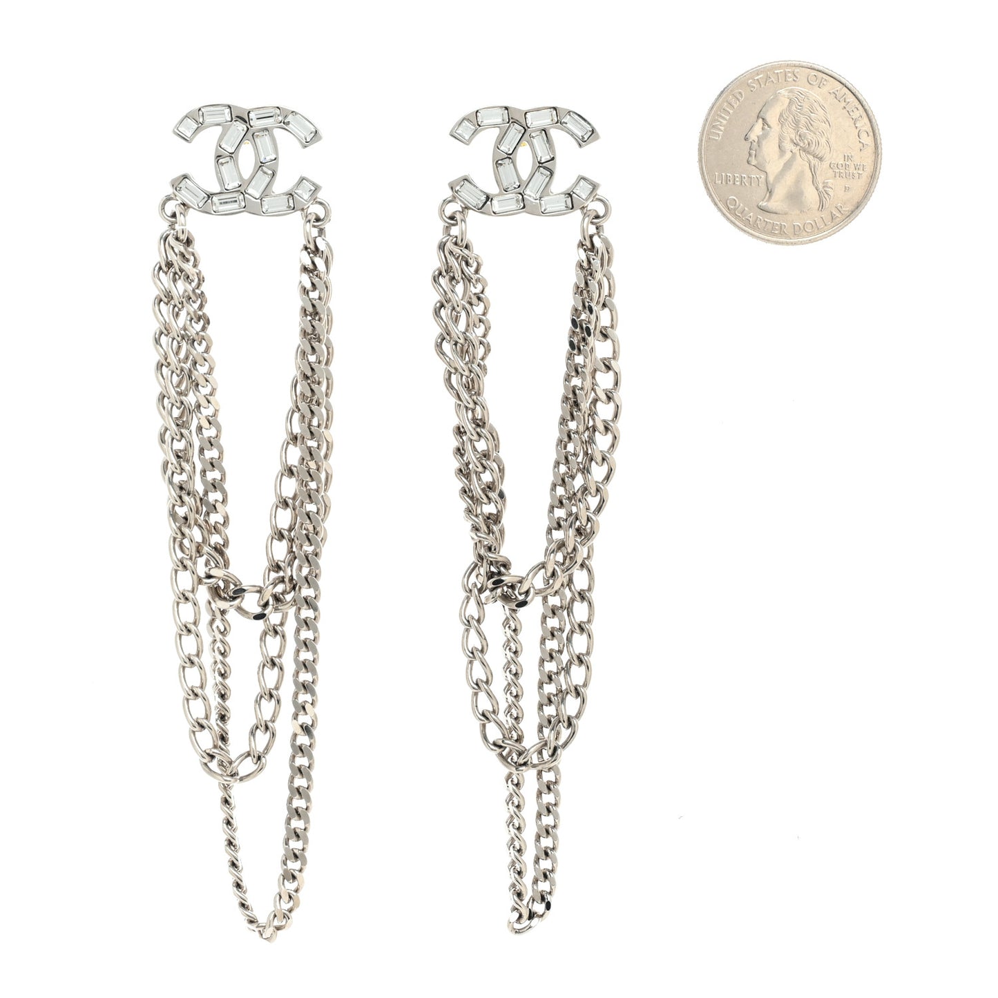 Crystal Baguette CC Chain Drop Earrings Silver