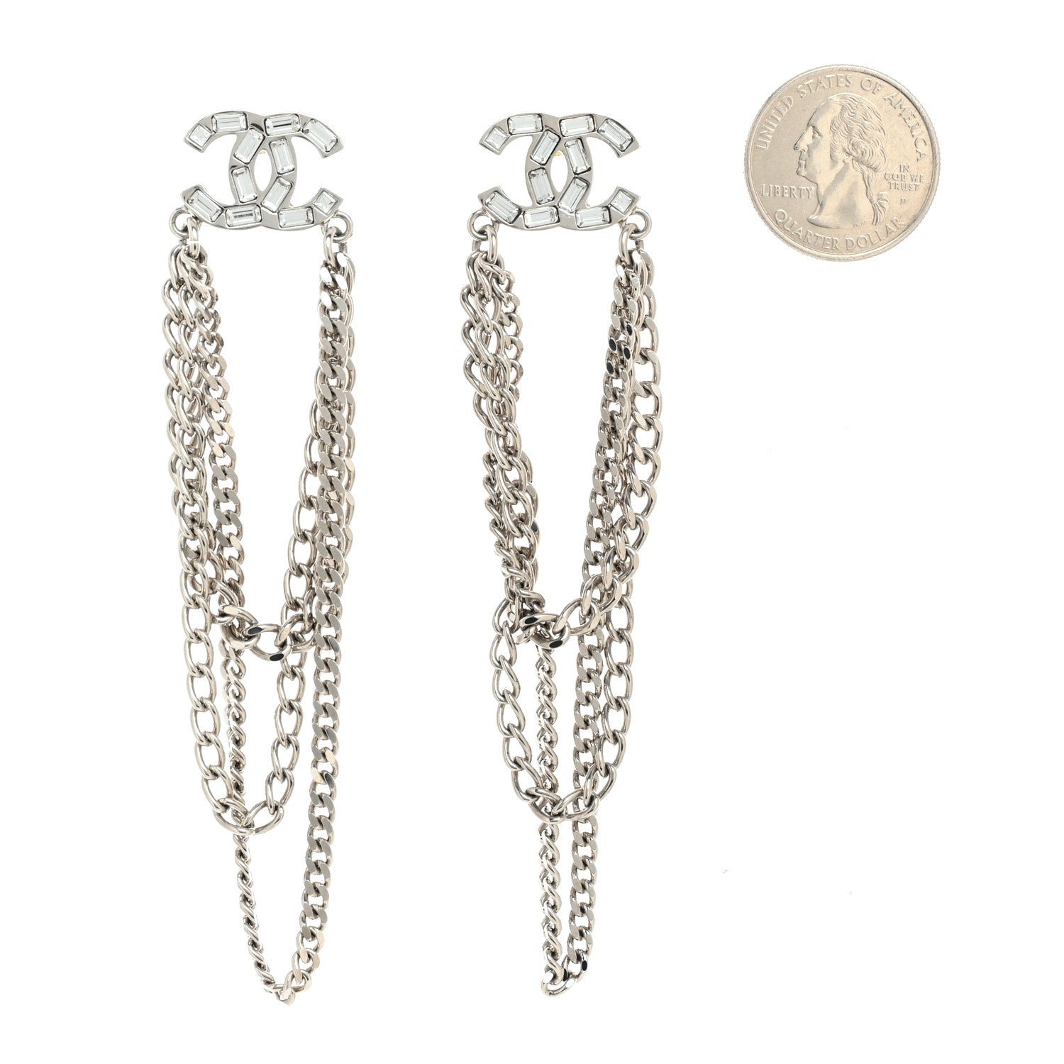 Chanel Crystal Baguette CC Chain Drop Earrings Silver 2 of 5