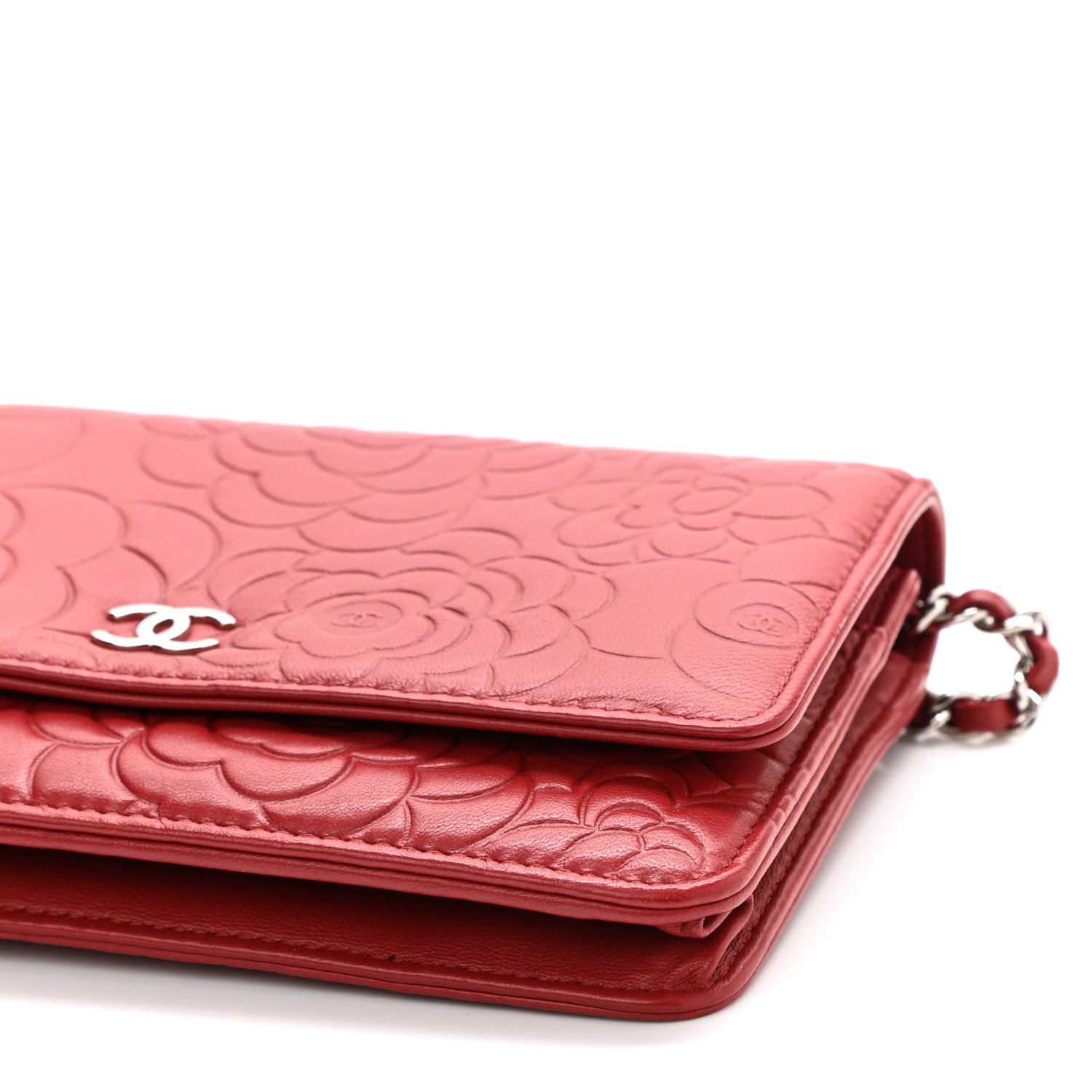 Chanel Lambskin Camellia Embossed Wallet On Chain WOC Red 11 of 12