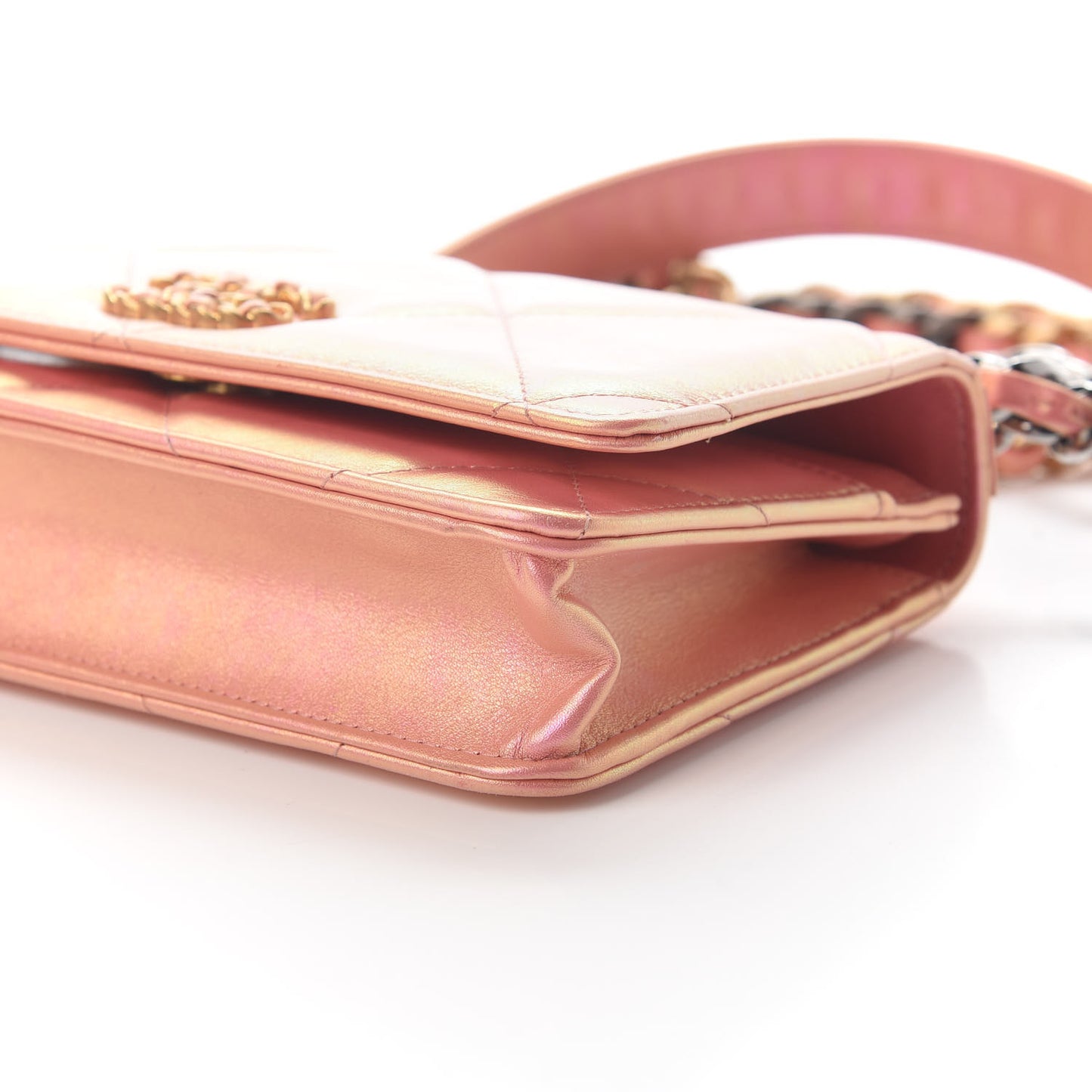 Iridescent Calfskin Quilted Chanel 19 Wallet On Chain WOC Pink