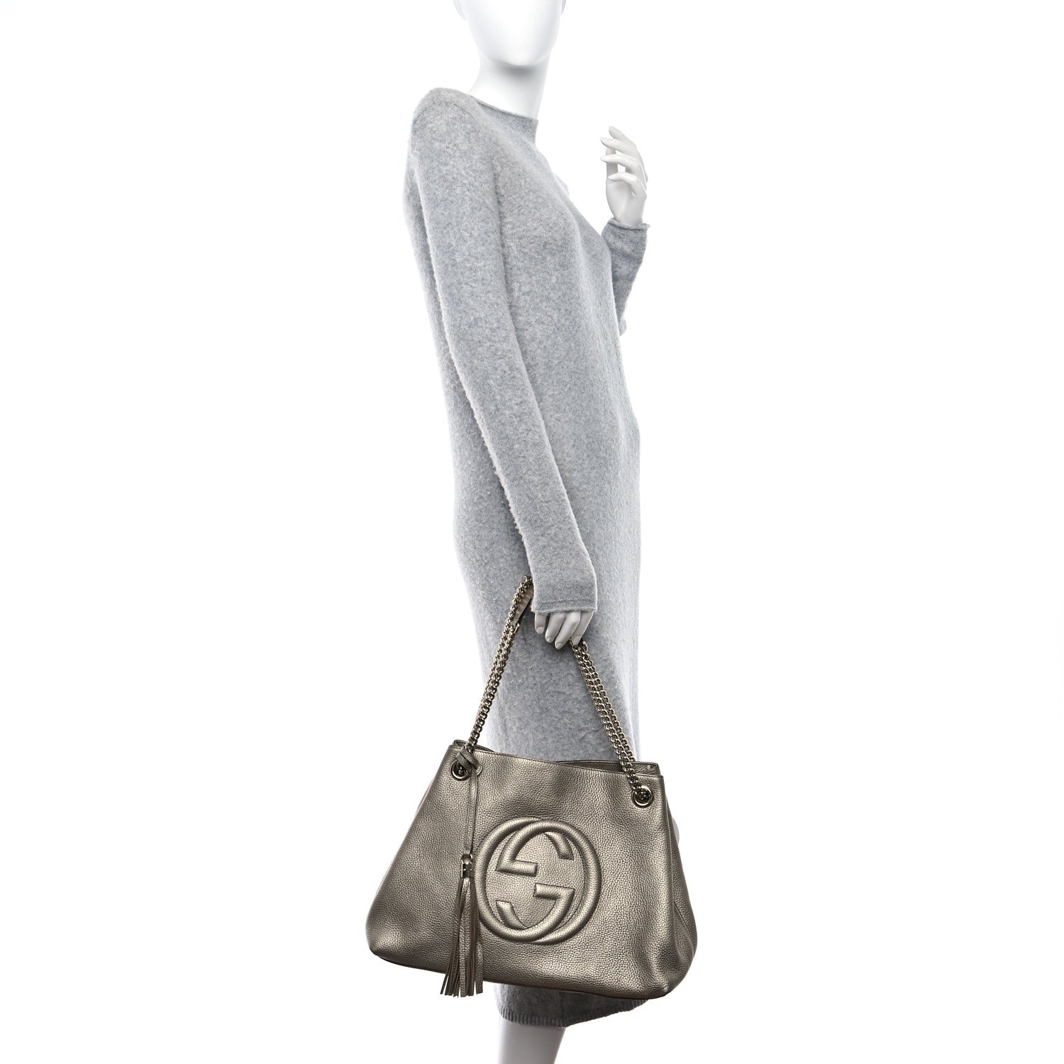 Gucci Metallic Pebbled Calfskin Medium Soho Chain Shoulder Bag Golden Beige 2 of 9