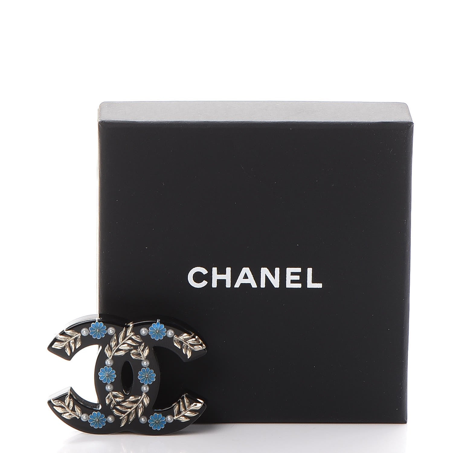 Chanel Resin Pearl Enamel Flower CC Brooch Gold Black Blue 5 of 5