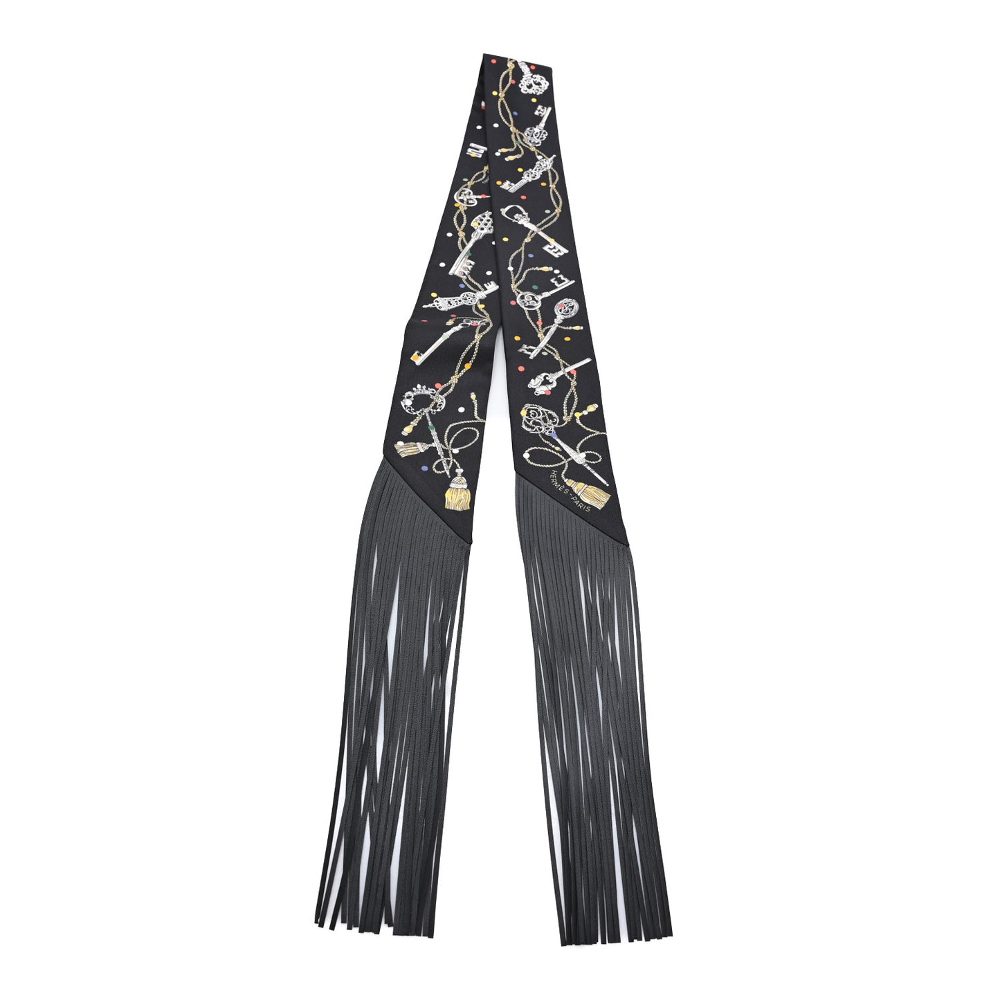 Silk Calfskin Les Cles A Pois Fringed Twilly Black Mordoré White