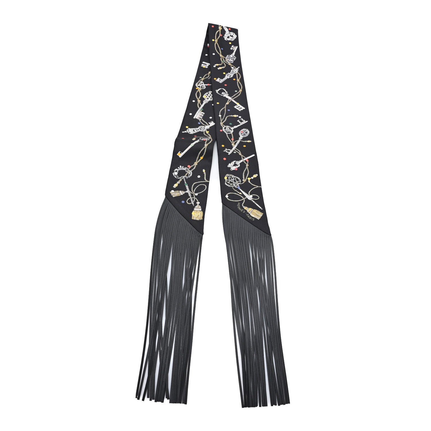 Hermes Silk Calfskin Les Cles A Pois Fringed Twilly Black Mordoré White 2 of 3