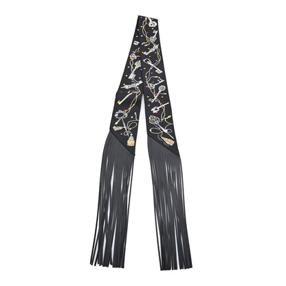 Hermes Silk Calfskin Les Cles A Pois Fringed Twilly Black Mordoré White 2 of 3