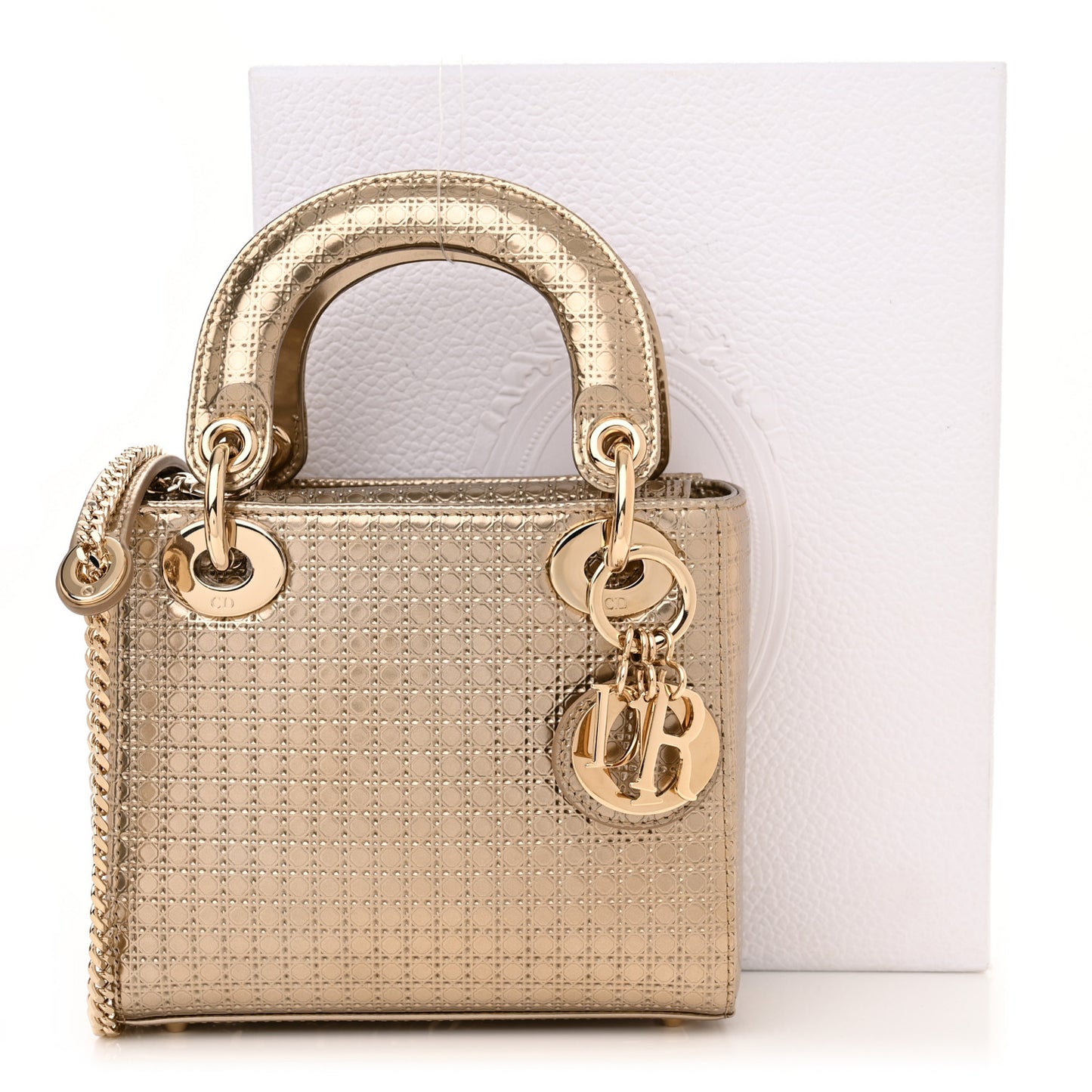 Metallic Patent Micro-Cannage Mini Lady Dior Champagne