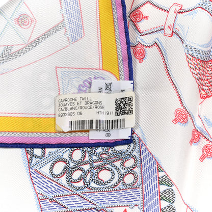 Hermes Silk Zouaves Et Dragons Pocket Square White Rouge Rose 2 of 5