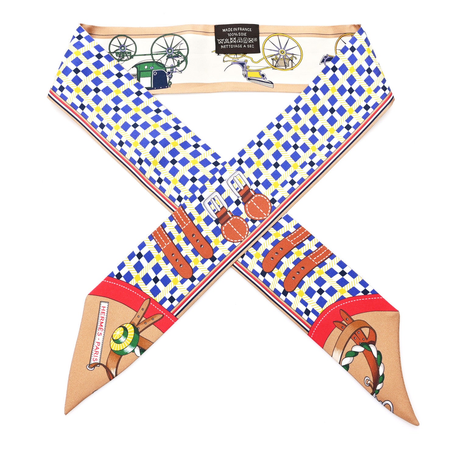 Hermes Silk Les Voitures Nouvelles Twilly Bleu Beige Rouge H 1 of 4
