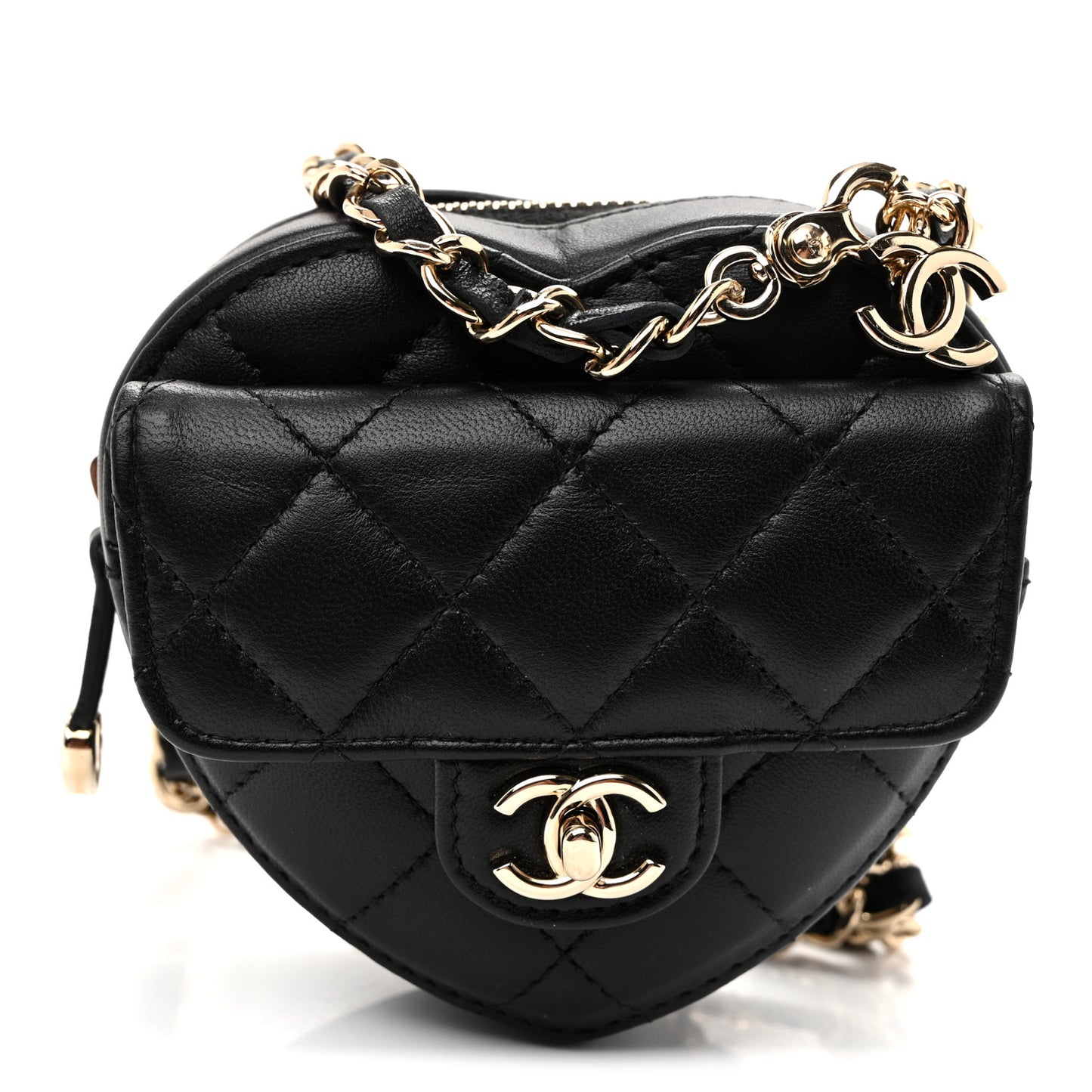 Lambskin Quilted CC In Love Heart Waist Belt Bag With Chain Black