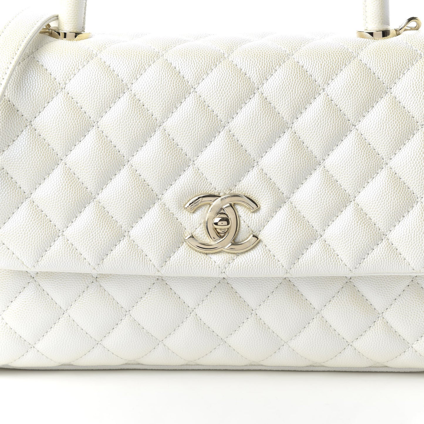 Iridescent Caviar Quilted Small Coco Handle Flap White