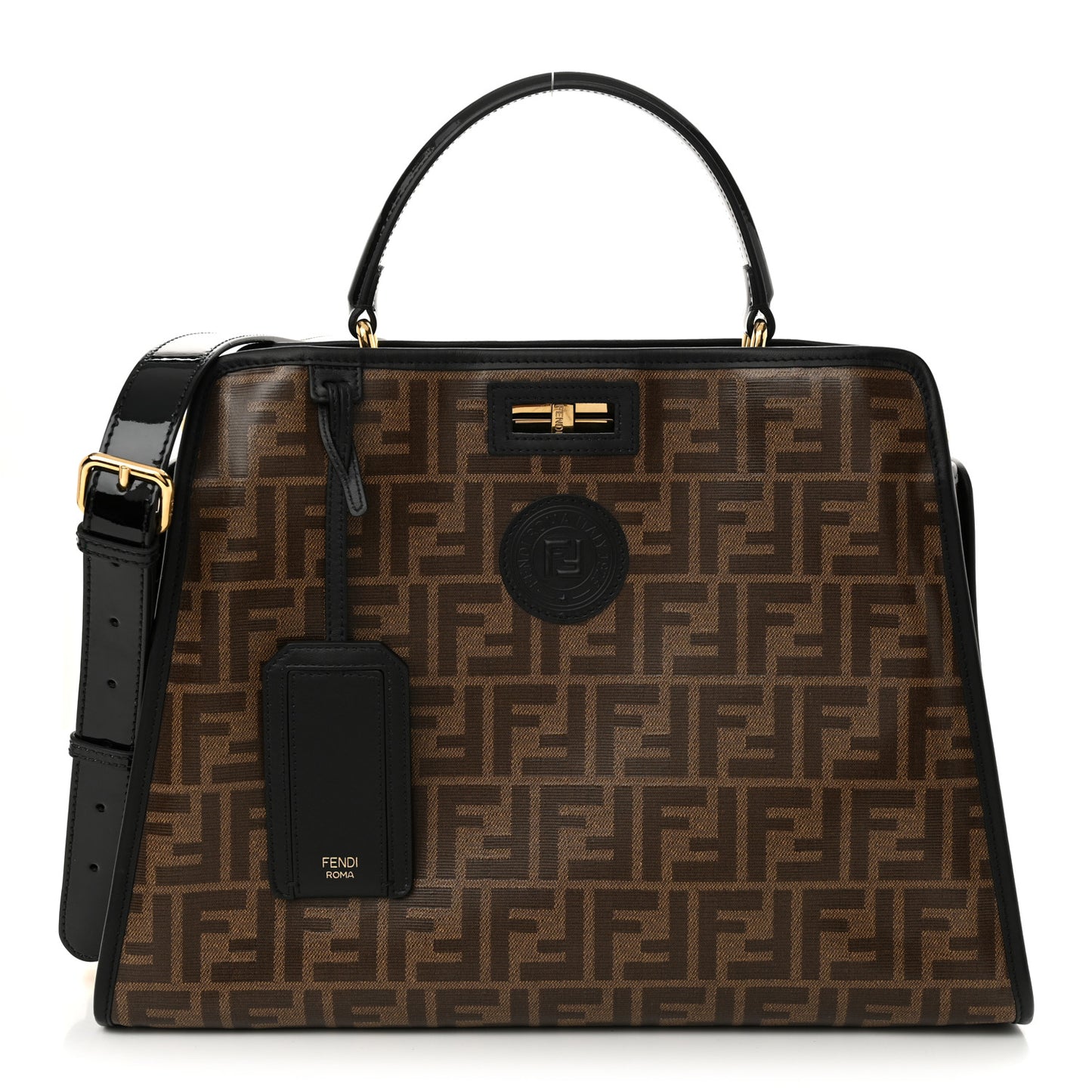 Patent Glazed Fabric FF 1974 Medium Peekaboo Iconic Defender Satchel Mogano Panna Black