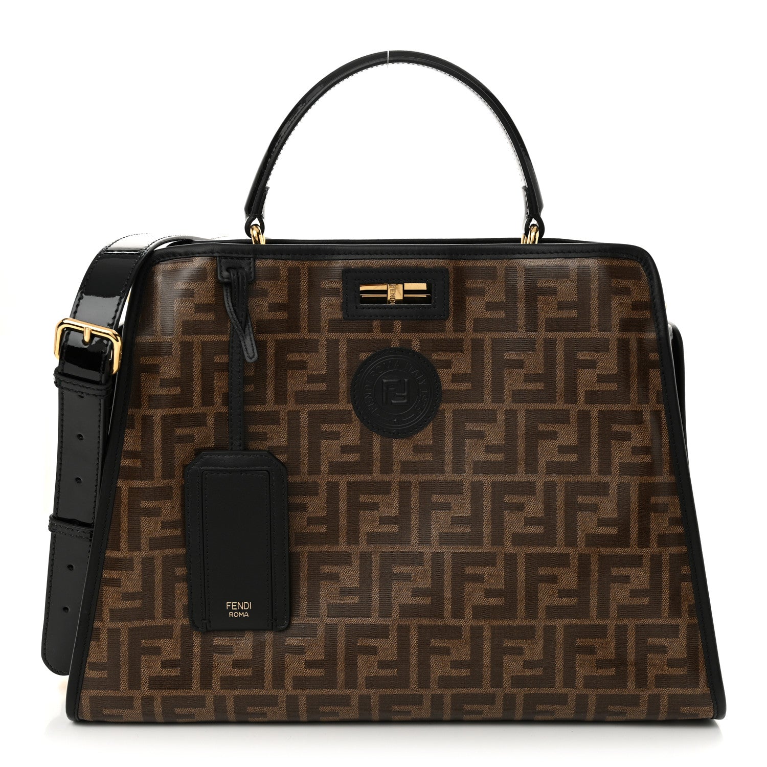 Fendi Patent Glazed Fabric FF 1974 Medium Peekaboo Iconic Defender Satchel Mogano Panna Black 3 of 12