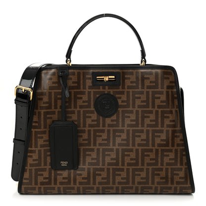 Fendi Patent Glazed Fabric FF 1974 Medium Peekaboo Iconic Defender Satchel Mogano Panna Black 3 of 12