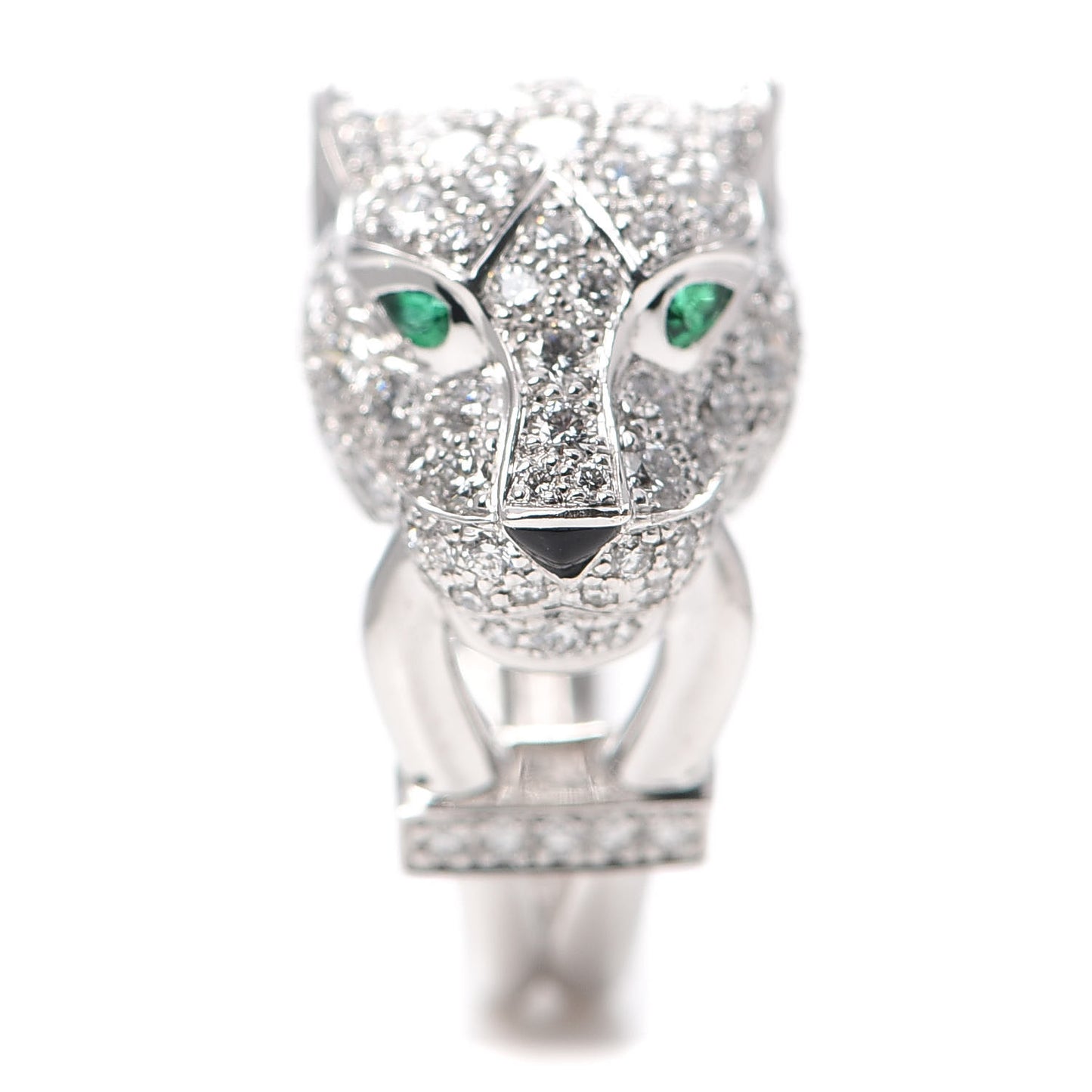 18K White Gold Diamond Emerald Black Onyx Panthere de Cartier Ring 49 4.75