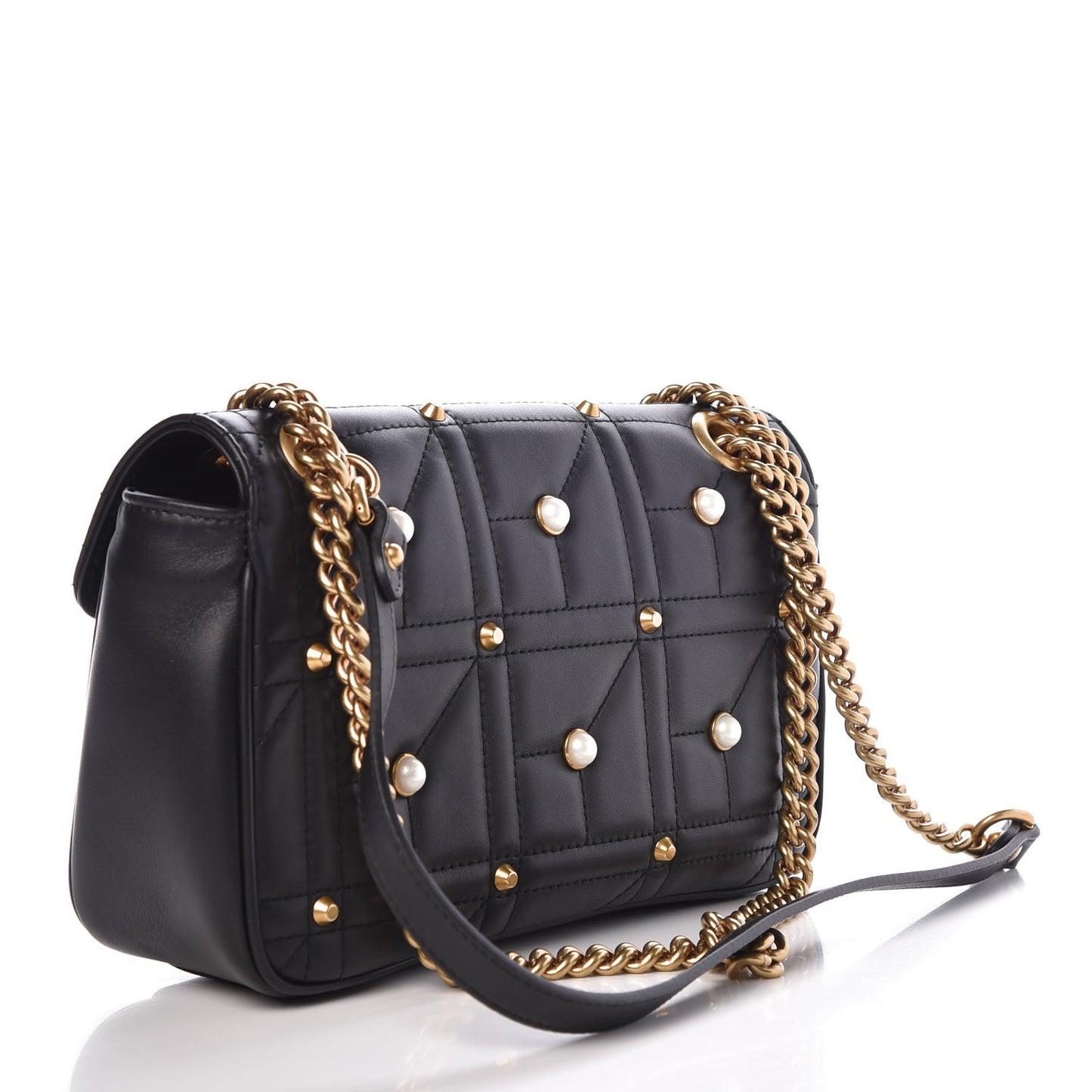 Calfskin Matelasse Studded Small Pearly GG Marmont Shoulder Bag Black