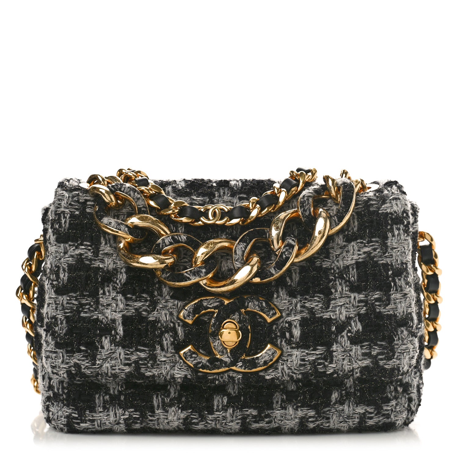 Chanel Wool Tweed Quilted Small Elegant Chain Flap Black Grey 1 of 9