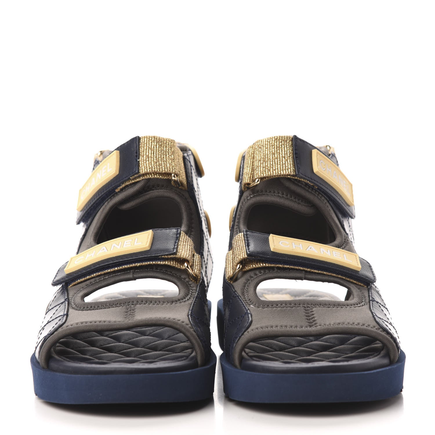 Chanel Goatskin Fabric Flat Sandals 37 Navy Blue Grey Yellow 2 of 8