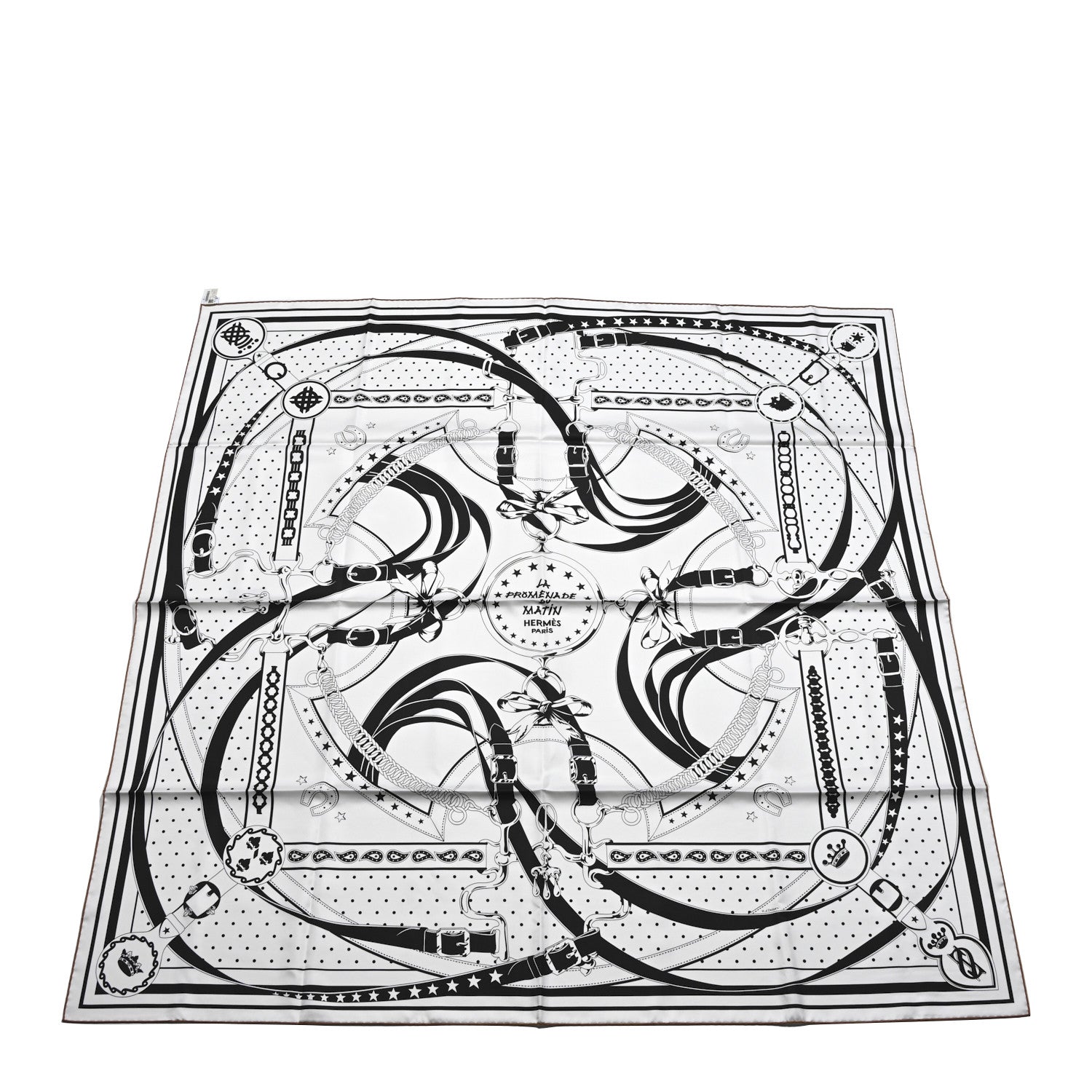 Hermes Cashmere Silk La Promenade du Matin Bandana Shawl 140 White Black Cuir 1 of 4