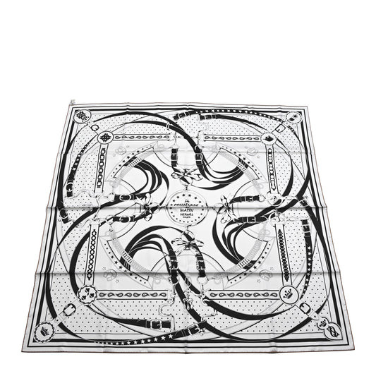 Cashmere Silk La Promenade du Matin Bandana Shawl 140 White Black Cuir