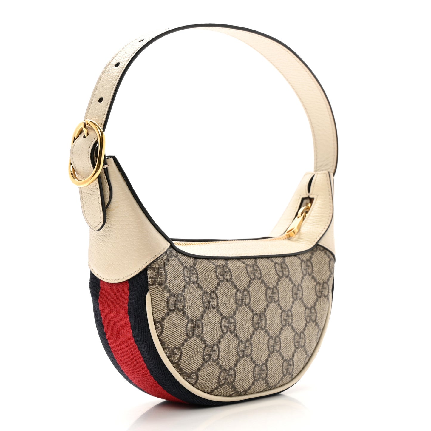 GG Supreme Monogram Textured Dollar Calfskin Web Mini Ophidia Half Moon Hobo Beige Ebony Mystic White