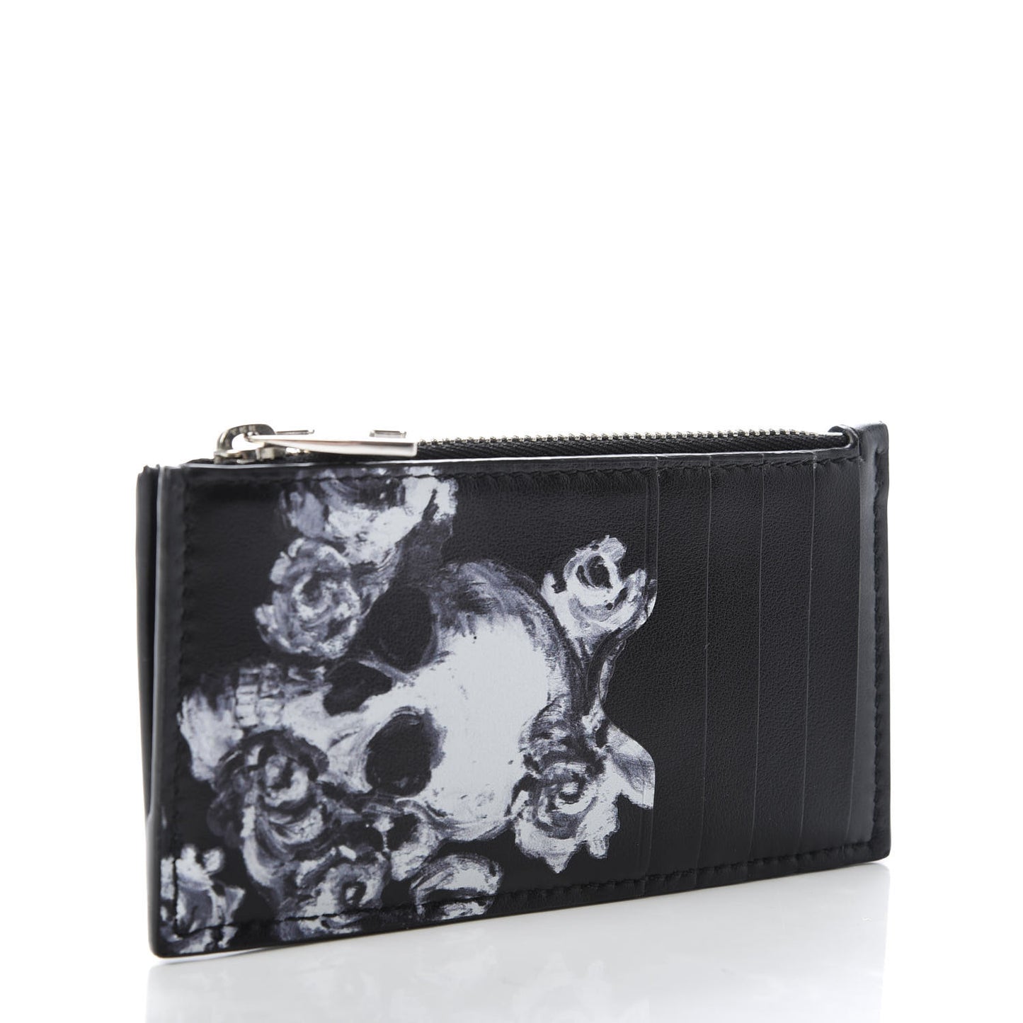 Calfskin Skull Rose 5 Fragments Zip Pouch Card Holder Black