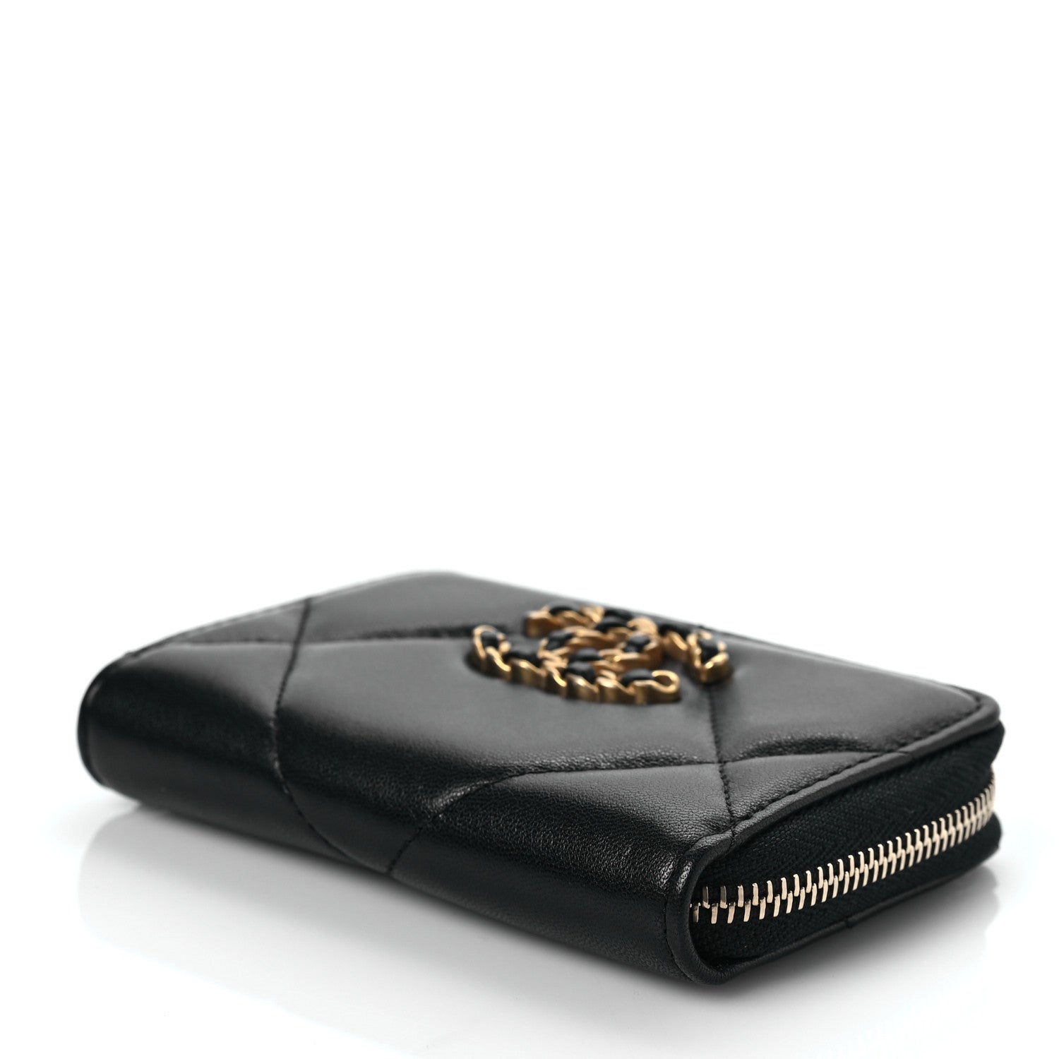 Chanel Shiny Goatskin Quilted Chanel 19 Zip Around Coin Purse Wallet Black 8 of 8