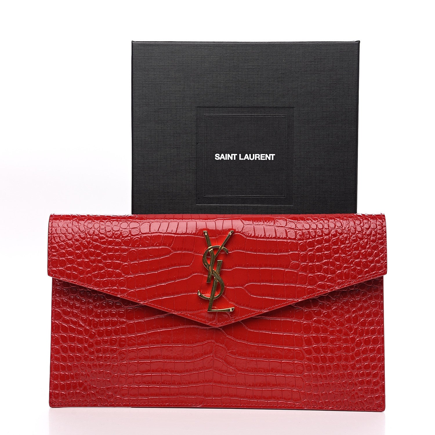 Saint Laurent Calfskin Crocodile Embossed Uptown Monogram Clutch Rouge Eros 6 of 6