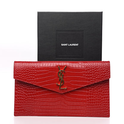 Saint Laurent Calfskin Crocodile Embossed Uptown Monogram Clutch Rouge Eros 6 of 6