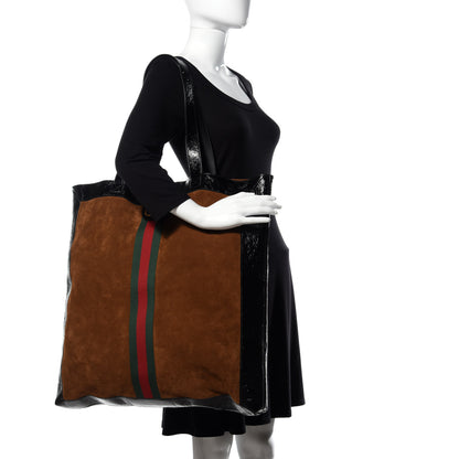 Gucci Suede Patent Web Large Ophidia Vertical Shopping Tote Nocciola Black 2 of 10