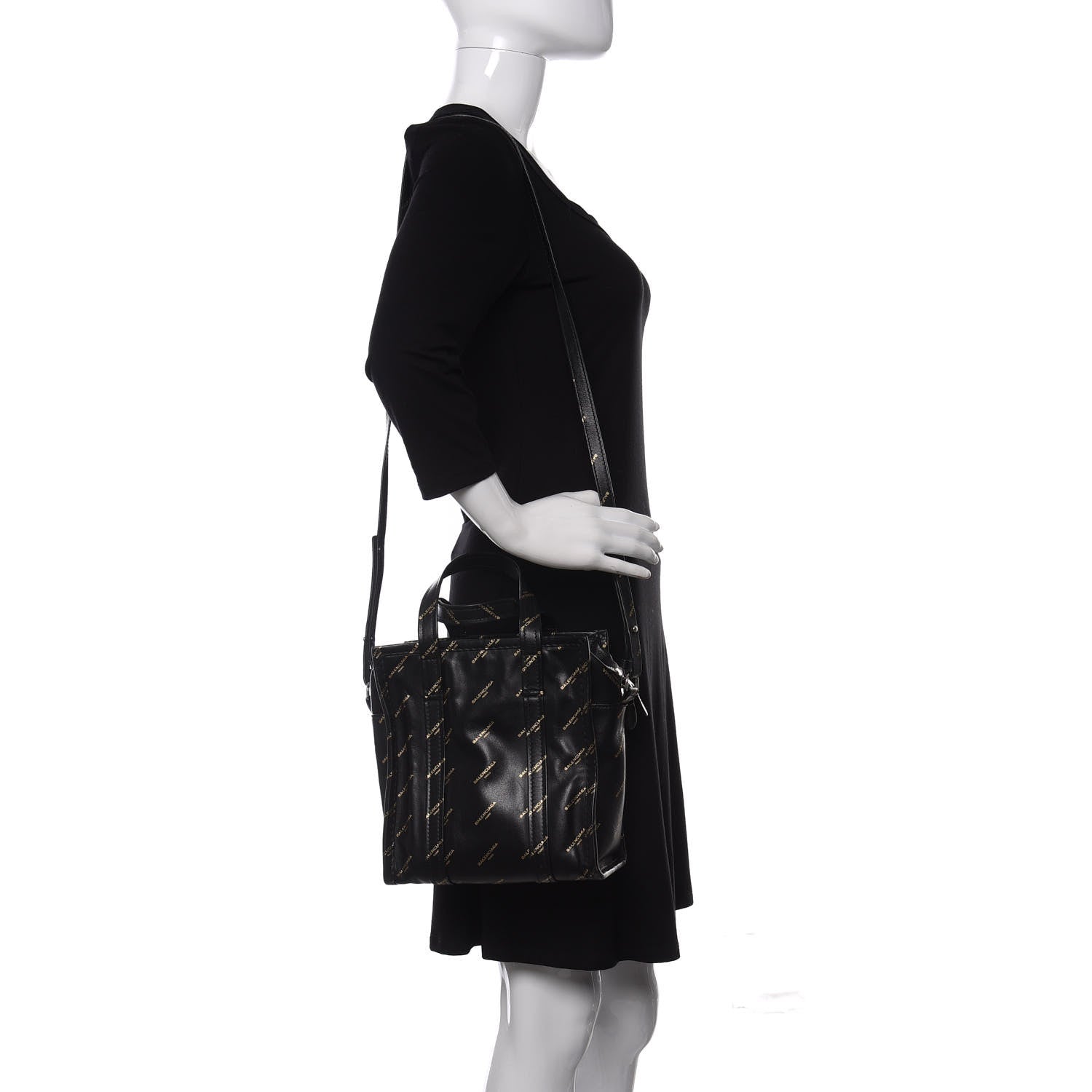 Balenciaga Calfskin Allover Logo XS Bazar Shopper Tote Black Gold 2 of 10
