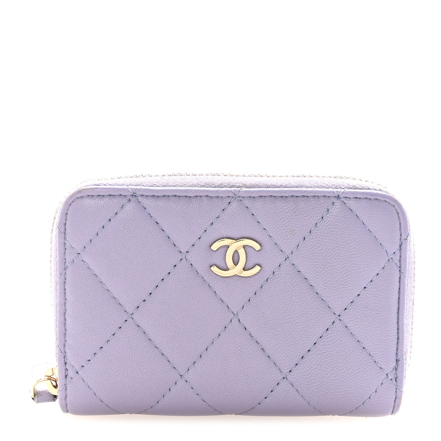 Lambskin Quilted Zip Around Coin Purse Wallet Purple