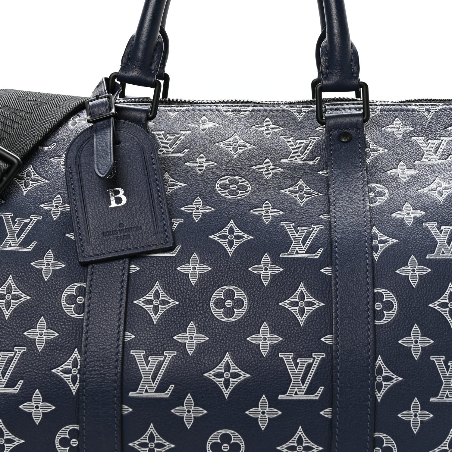 Louis Vuitton Calfskin Shadow Monogram Keepall Bandouliere 50 Ink Blue White 7 of 9