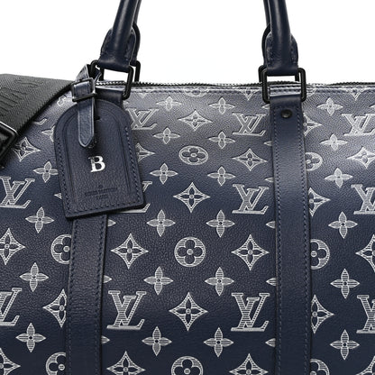 Louis Vuitton Calfskin Shadow Monogram Keepall Bandouliere 50 Ink Blue White 7 of 9