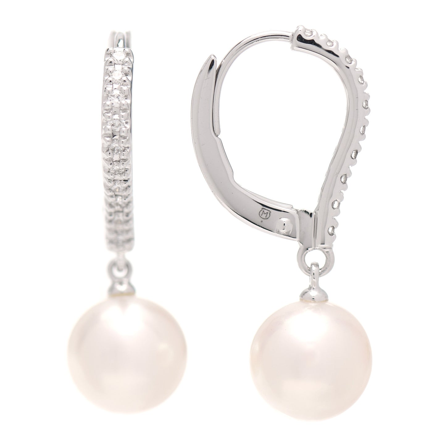 18K White Gold Diamond Akoya Pearl 7.5mm Drop Earrings