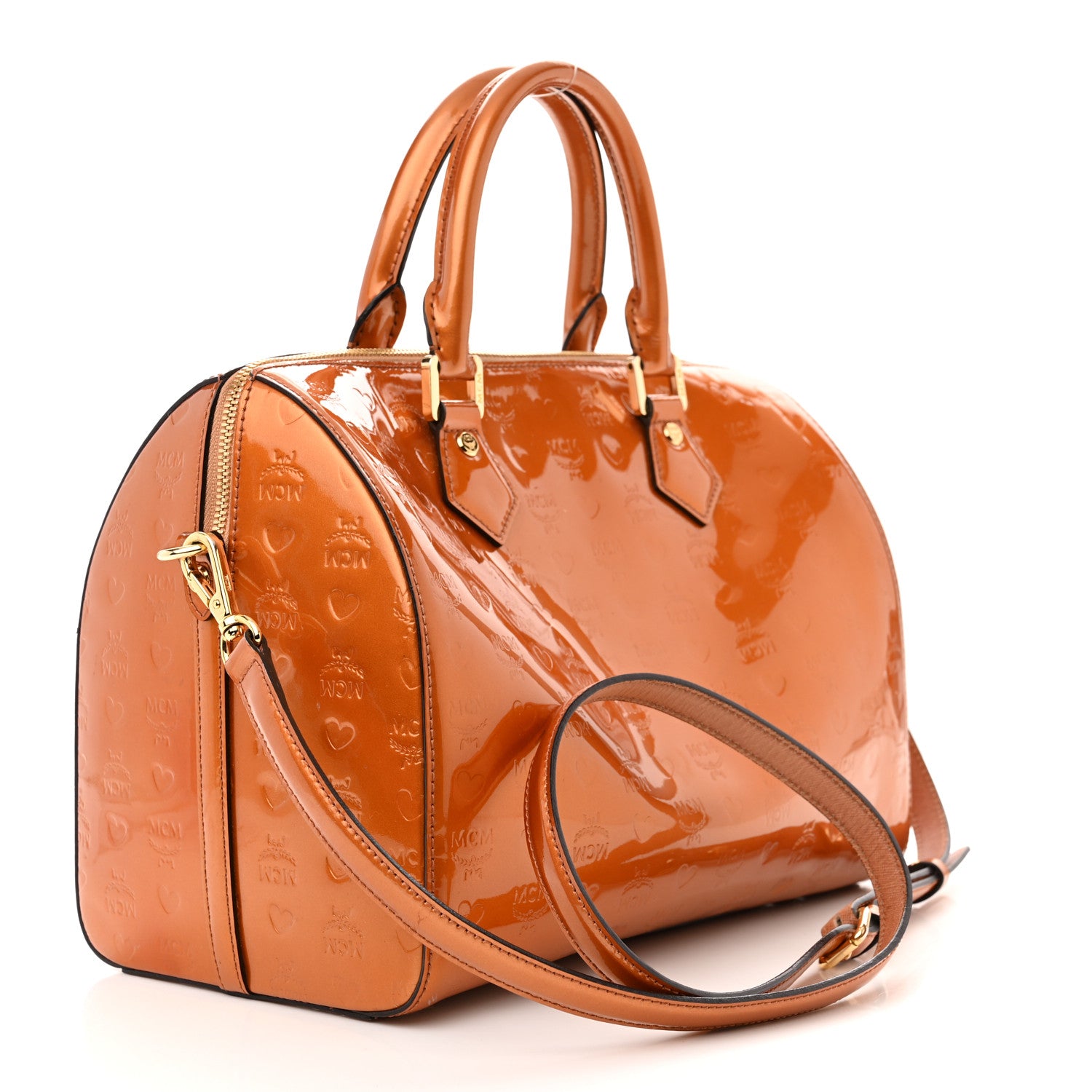 MCM Patent Monogram Boston Bag Bronze 3 of 11