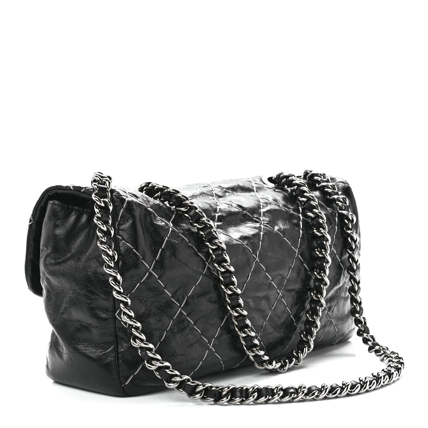 Glazed Goatskin Double Contrast Stitch Flap Black