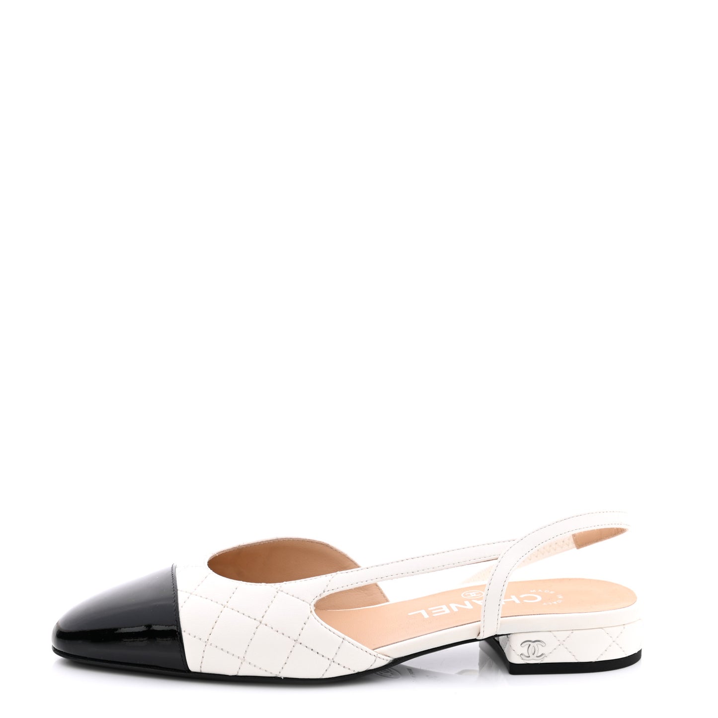 Lambskin Patent Quilted Cap Toe CC Slingback Flats 36 White Black