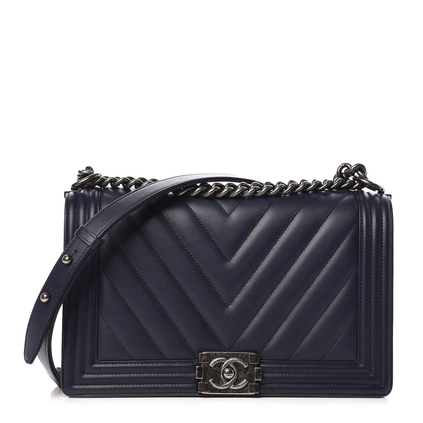 Lambskin Chevron Quilted New Medium Boy Flap Dark Navy Blue