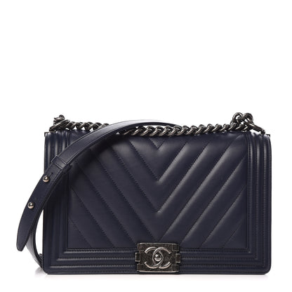 Chanel Lambskin Chevron Quilted New Medium Boy Flap Dark Navy Blue 2 of 14