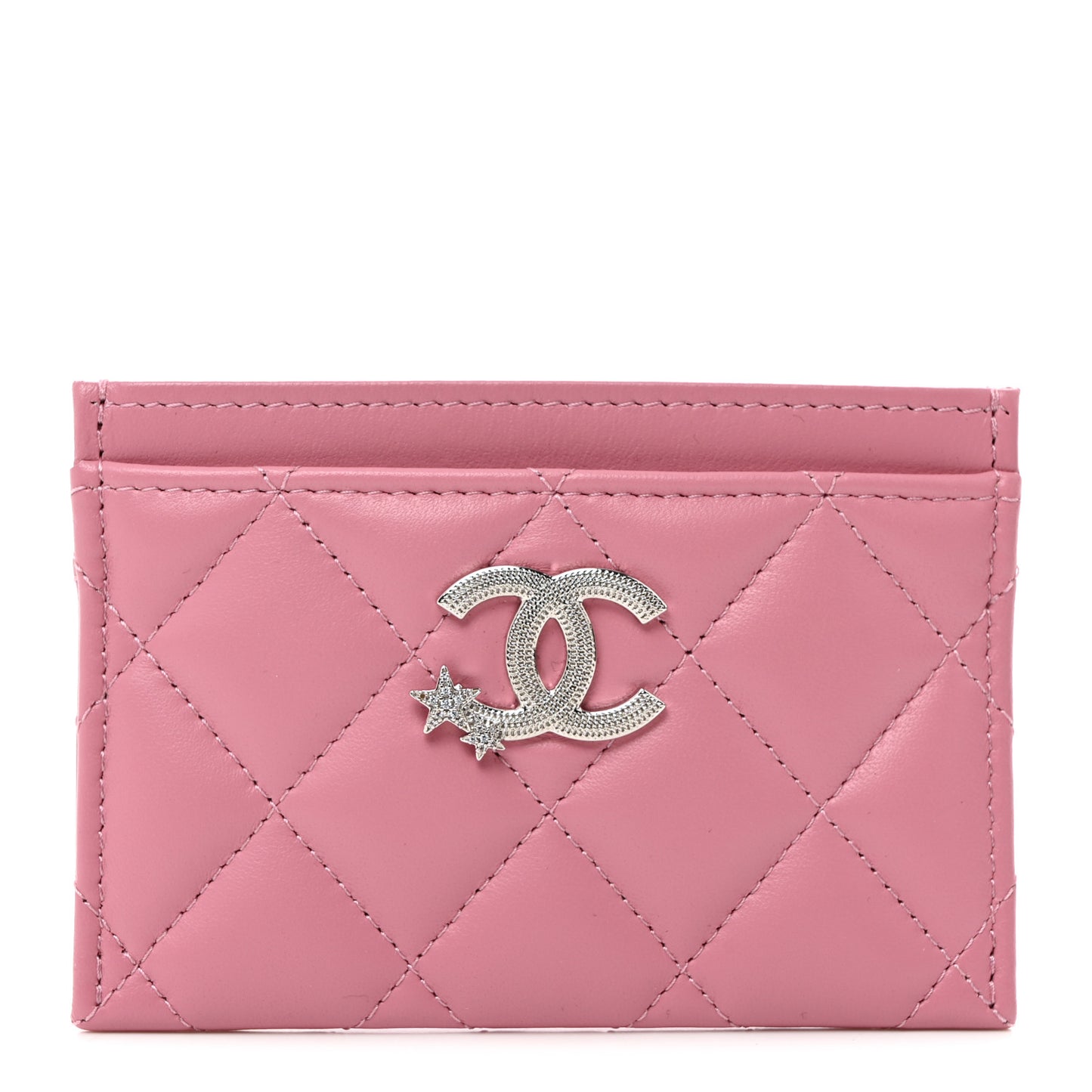 Lambskin Quilted Crystal Star Card Holder Pink