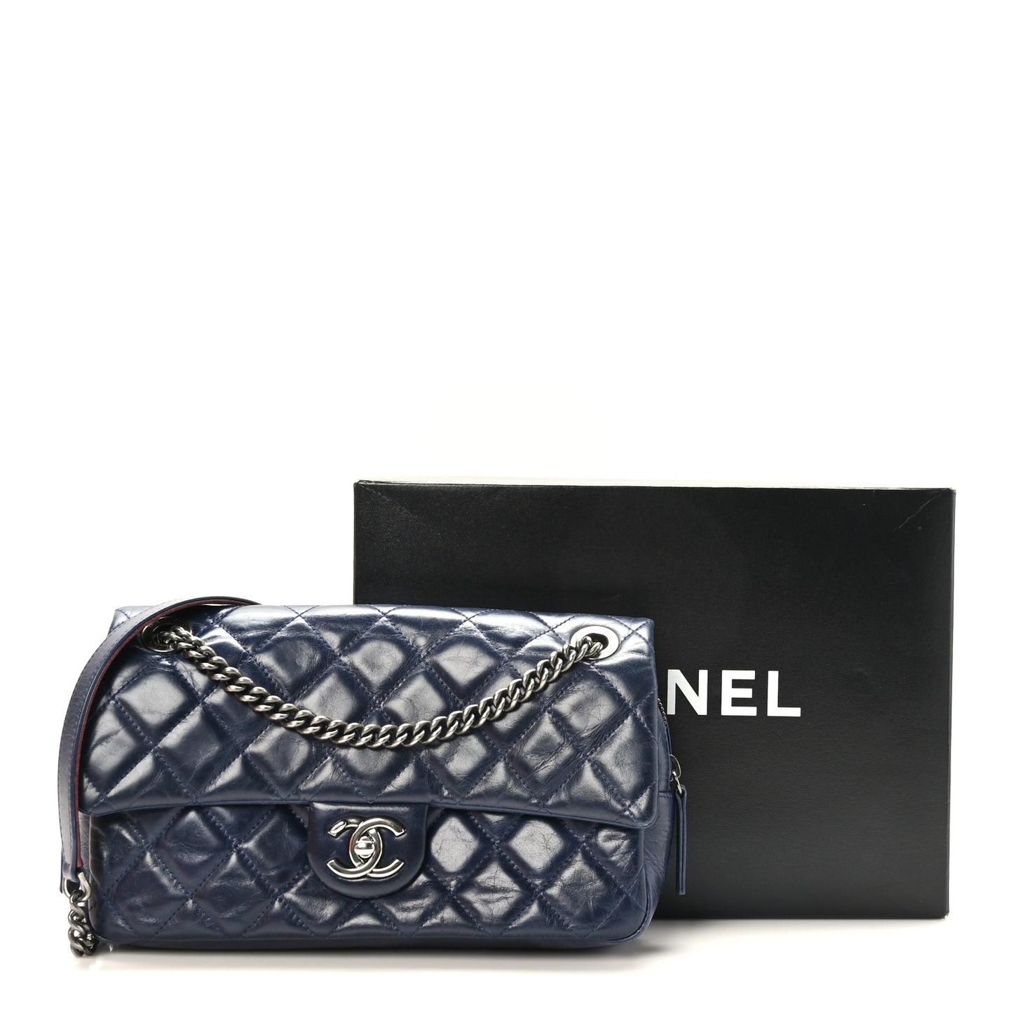 Glazed Calfskin Quilted Medium Duo Color Flap Blue